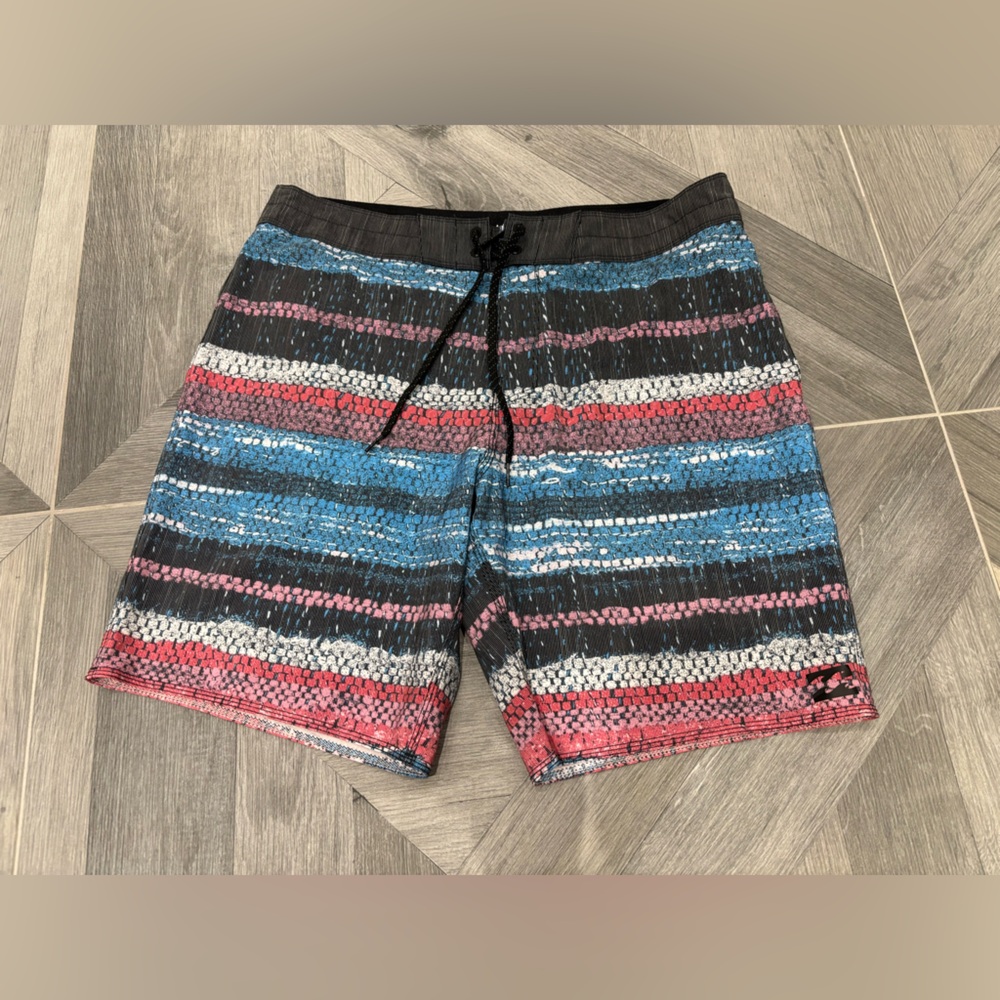 Billabong Men's Striped Swim Shorts - Red, Blue, Black